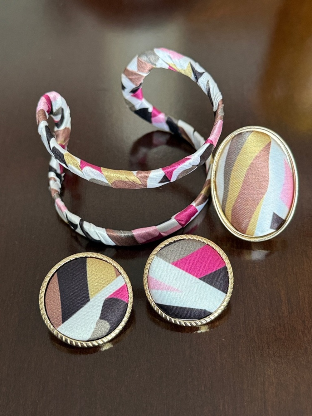 Multicolor Geometric Fabric Bracelet, Earrings and Ring Set